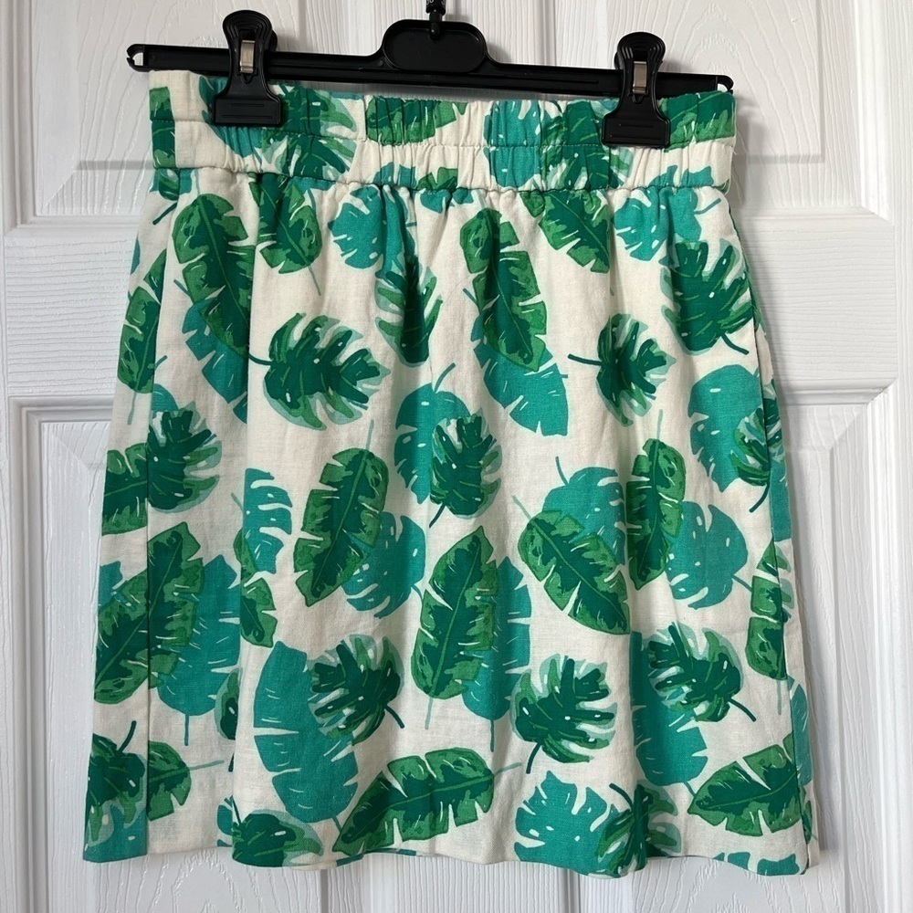 J Crew Linen Blend Skirt Palm Leaf Print White Green XS - Picture 1 of 6